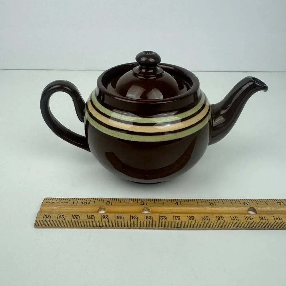 Vtg Single Serve‎ Brown Genuine Old English Redware Teapot w Green Tan Stripes